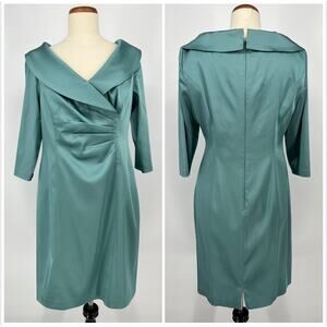 Kay Unger Satin Cocktail Dress Plus Size 14 Green Shawl V Neck Ruched 3/4 Sleeve